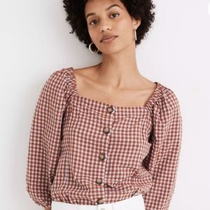 Gingham Seersucker Puff-Sleeve Button-Front Top